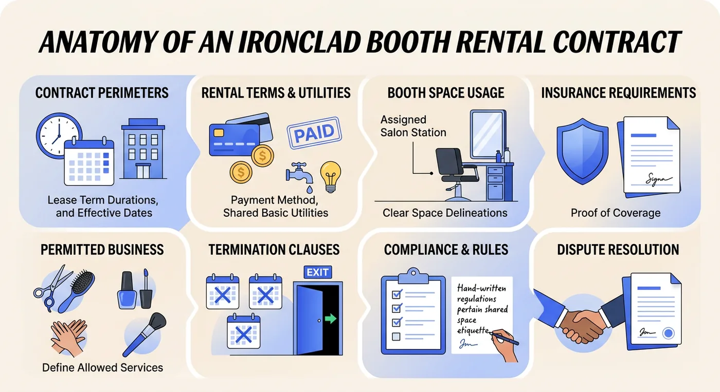 An infographic titled Anatomy of an Ironclad Booth Rental Contract detailing eight key legal agreement components.
