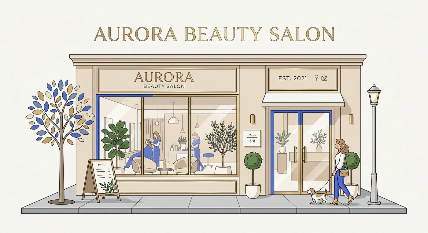 A luxurious and modern beauty salon storefront with a minimalist beige facade and elegant gold lettering.