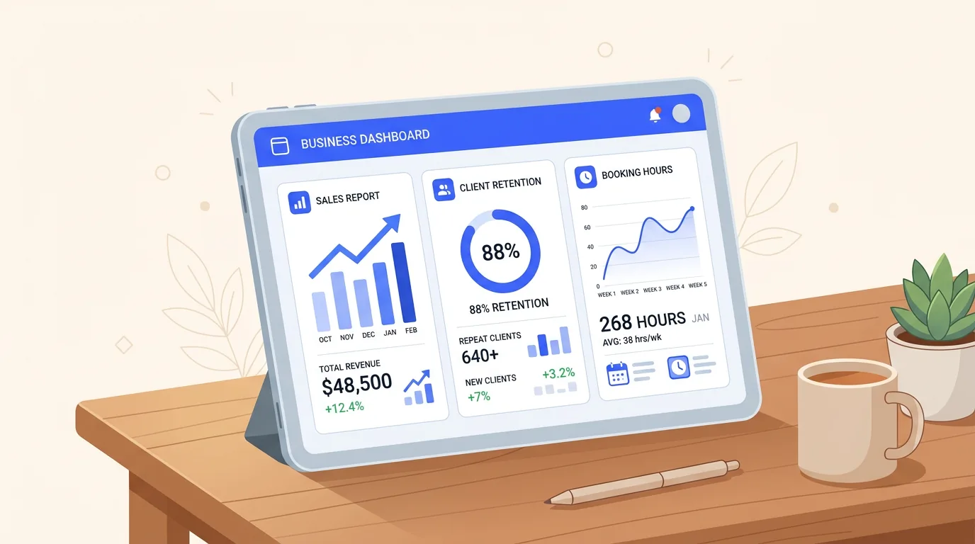 A tablet on a wooden desk displays a business dashboard with sales, client retention, and booking hour reports.