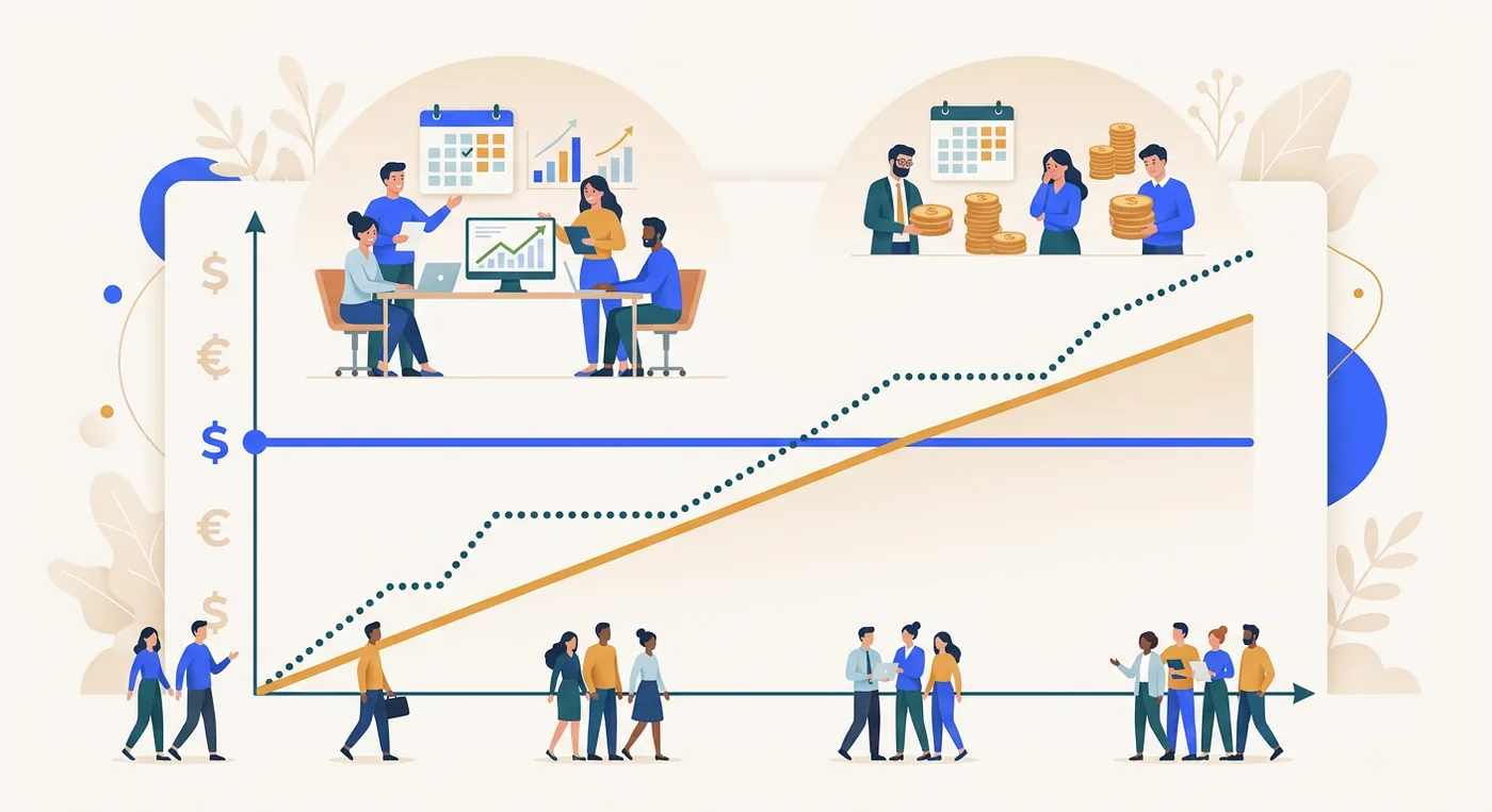 Line chart comparing flat-rate, per-location, and per-staff pricing models as staff count grows; flat stays level while per-staff rises steadily.