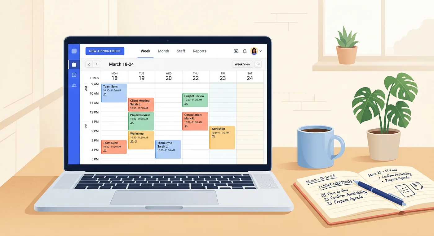 A laptop on a desk displays an appointment calendar interface next to an open notebook and pen.