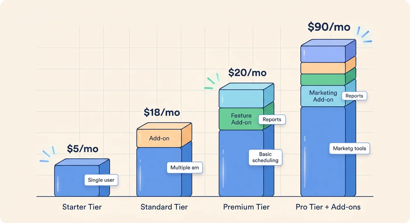 A chart visualizing the escalating monthly subscription costs for Salon Iris based on various tier upgrades and add-ons.