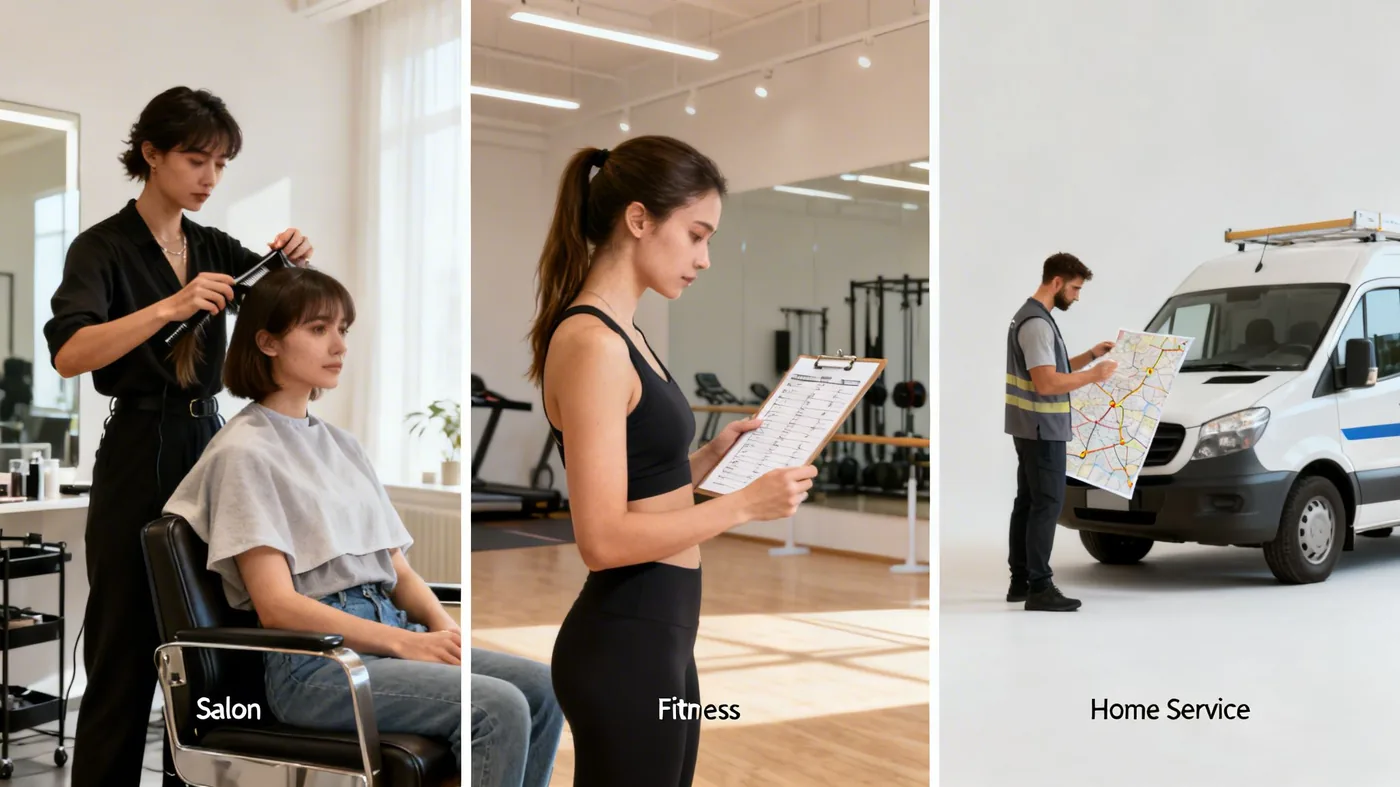 Professional services: A hairstylist, a fitness coach, and a home service worker reviewing a map.