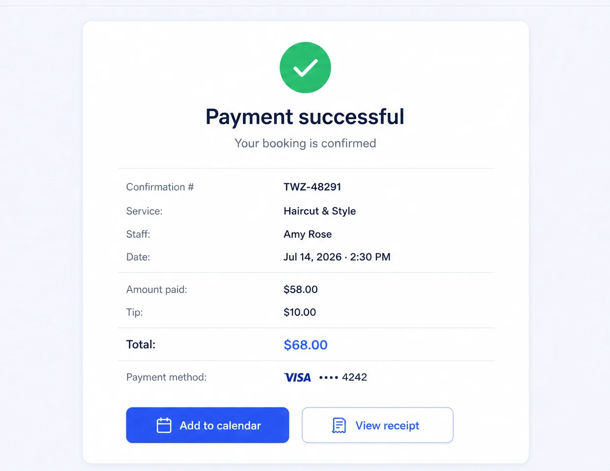 Twizzlo payment confirmation screen showing a successful Stripe booking payment with confirmation number, service details, tip and receipt