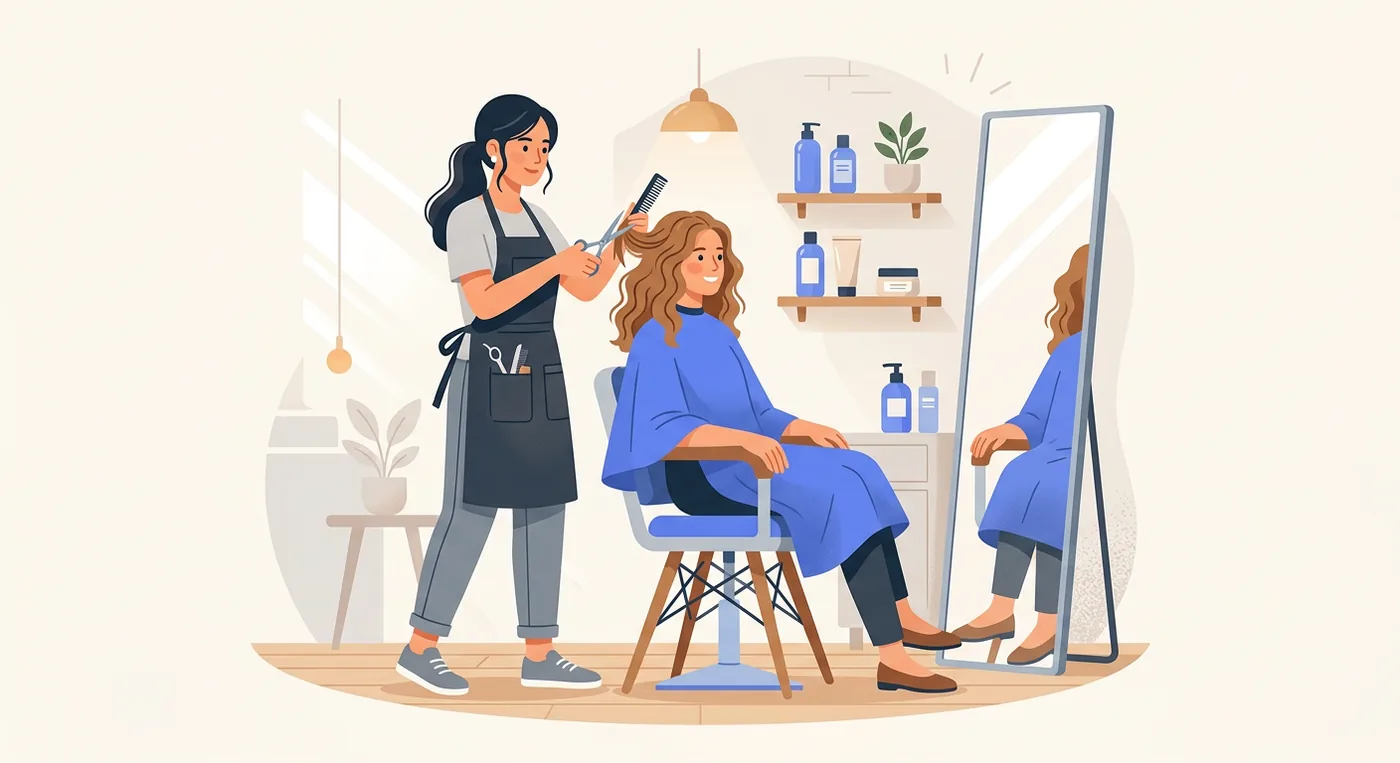 A professional hairstylist giving a haircut to a client with wavy hair in a salon studio.