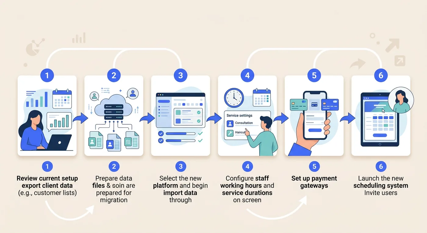 A six-step infographic guide illustrating the process of migrating from Square Appointments to a new platform.