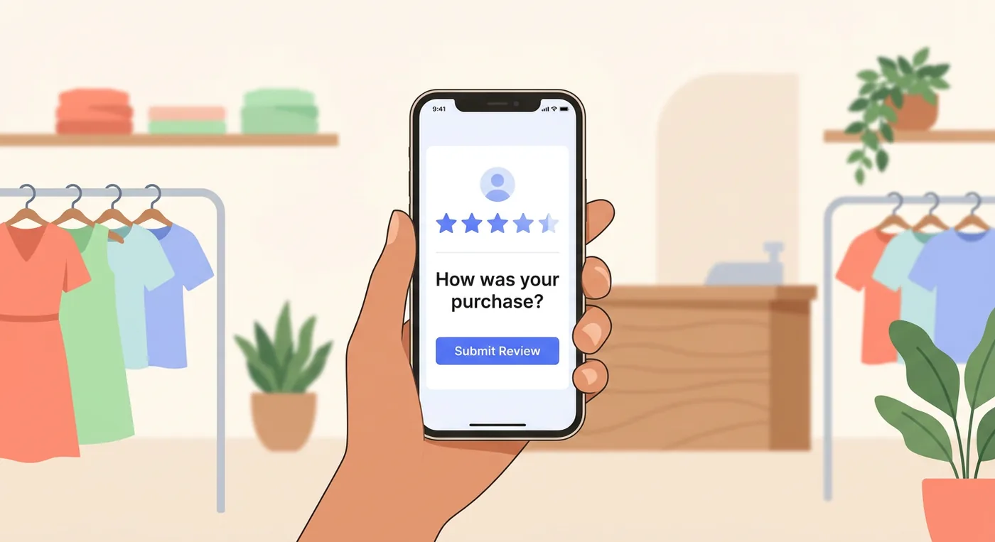 A hand holding a smartphone displaying a request for a customer purchase review in a retail store.
