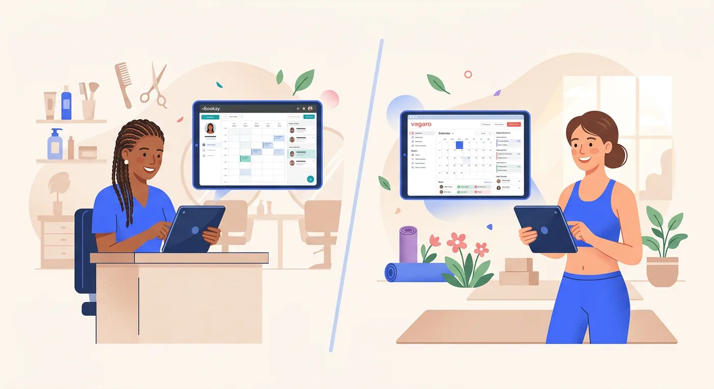 A split image comparing the user interfaces of Booksy software in a hair salon and Vagaro in a yoga studio.