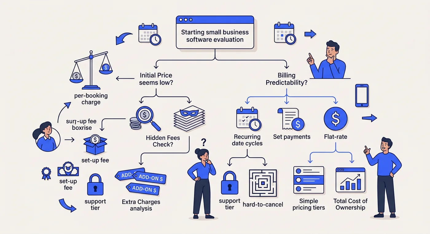 Decision tree illustrating common software pricing traps, analyzing bill predictability, hidden fees, and extra charges.