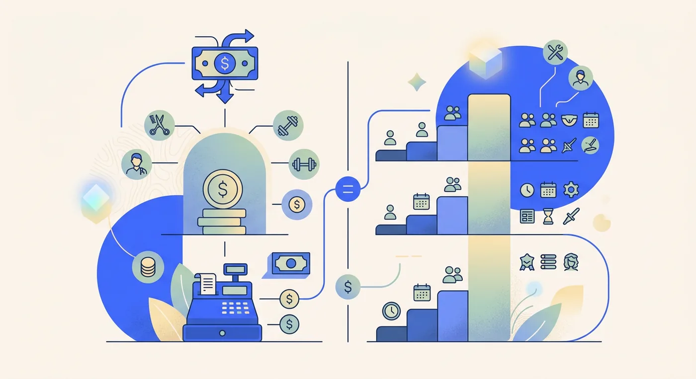 A comparison infographic between Vagaro and Acuity pricing models, highlighting base fees versus tiered subscription plans.