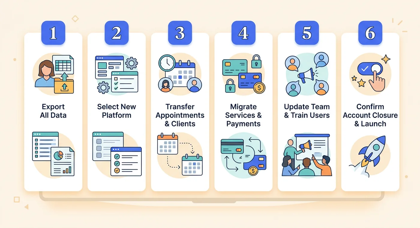 A checklist infographic outlining six essential steps for successfully migrating away from the GlossGenius software platform.