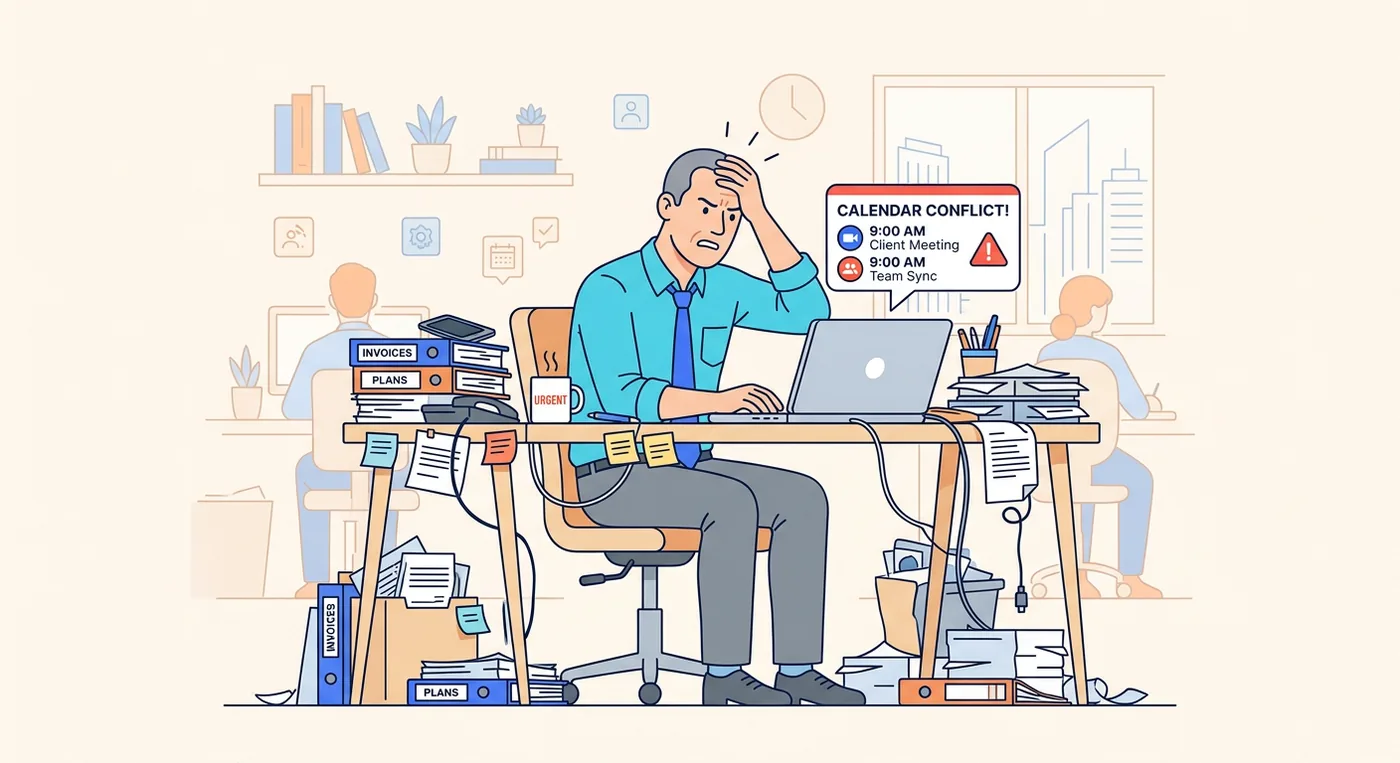 A frustrated businessman sitting at a cluttered desk staring at a calendar conflict notification on his laptop.
