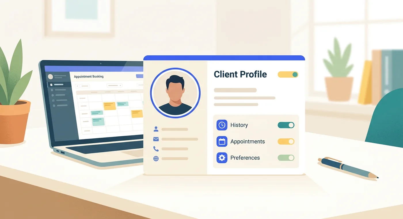 A 'Client Profile' card with a silhouette, text, and icons on a desk near a laptop and pen.