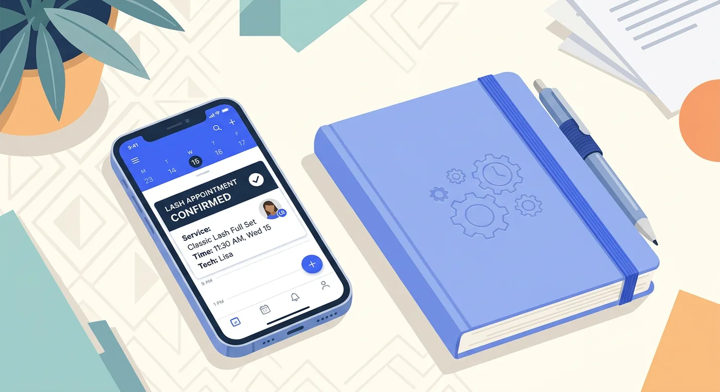 A smartphone screen displaying a lash appointment confirmation text message next to a notebook and pen.