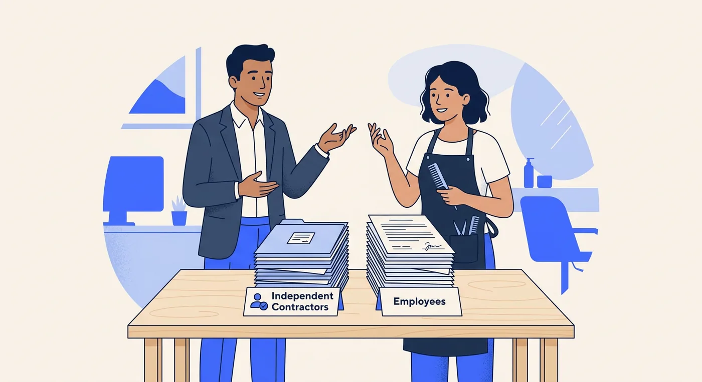 A professional and a salon worker comparing stacks of independent contractor and employee legal contract documents.