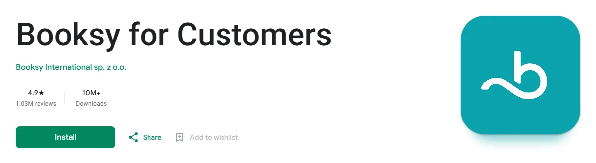 Google Play listing header for Booksy for Customers by Booksy International, with a 4.9 rating from 1.03M reviews, 10M+ downloads and an Install button.