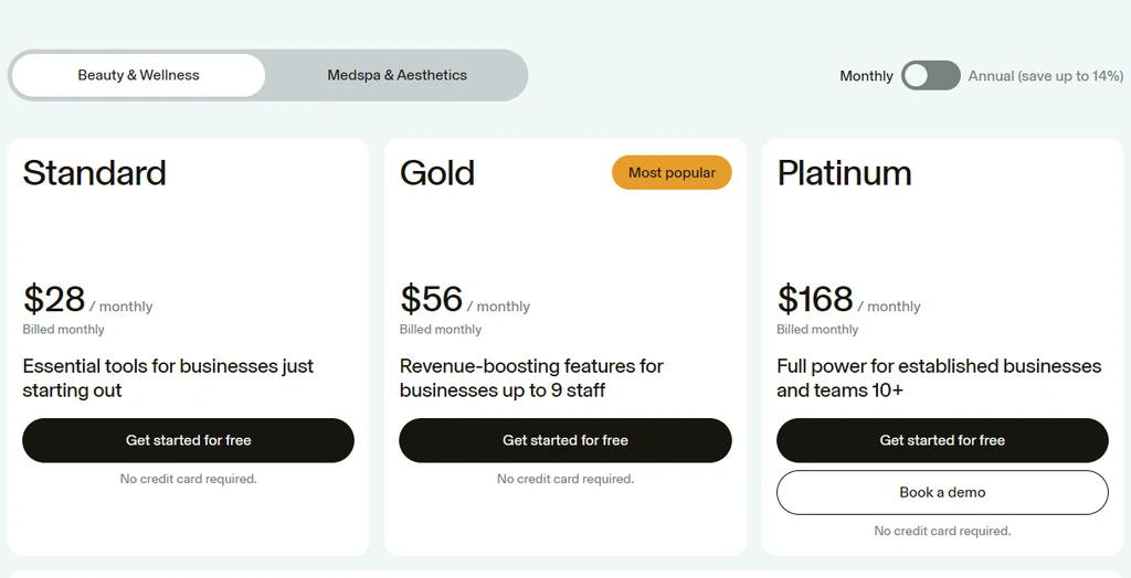 GlossGenius pricing page on monthly billing: Standard $28, Gold $56 for up to 9 staff and Platinum $168 for 10 or more
