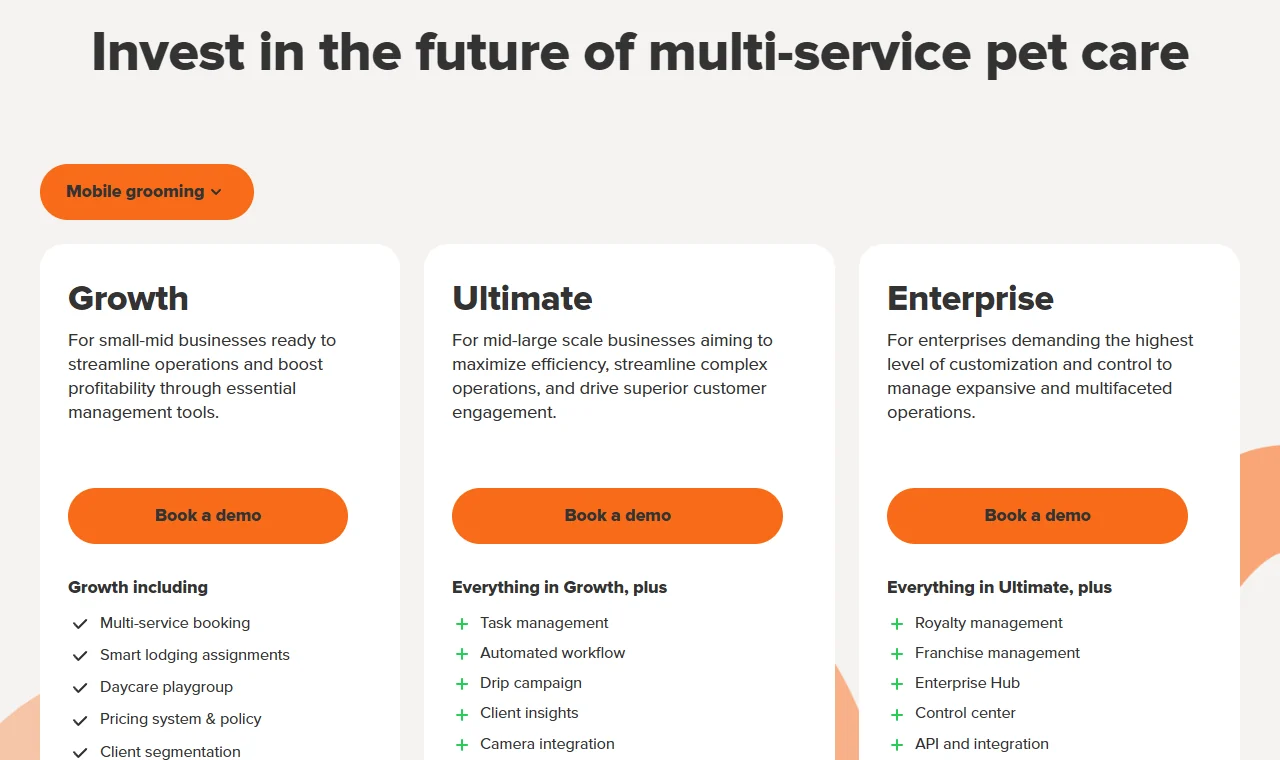 MoeGo pricing page in its mobile grooming view: Growth, Ultimate and Enterprise plan cards, each with a Book a demo button and a feature list, and no price on any card