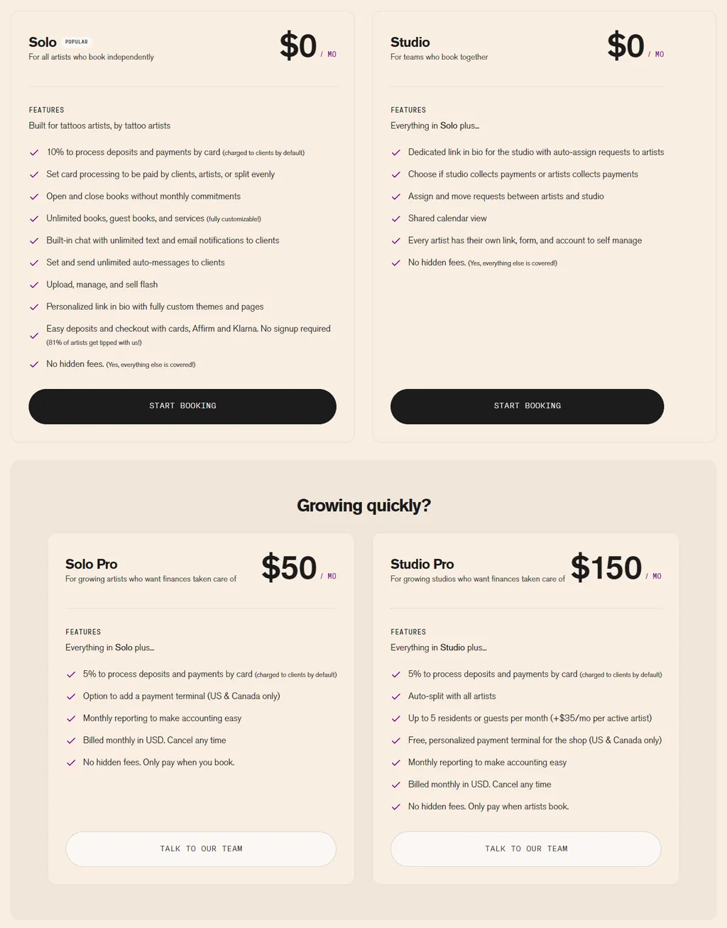 Venue Ink pricing page with four plans: Solo and Studio at $0 a month with a 10% card fee charged to clients by default, and Solo Pro at $50 and Studio Pro at $150 a month with a 5% fee