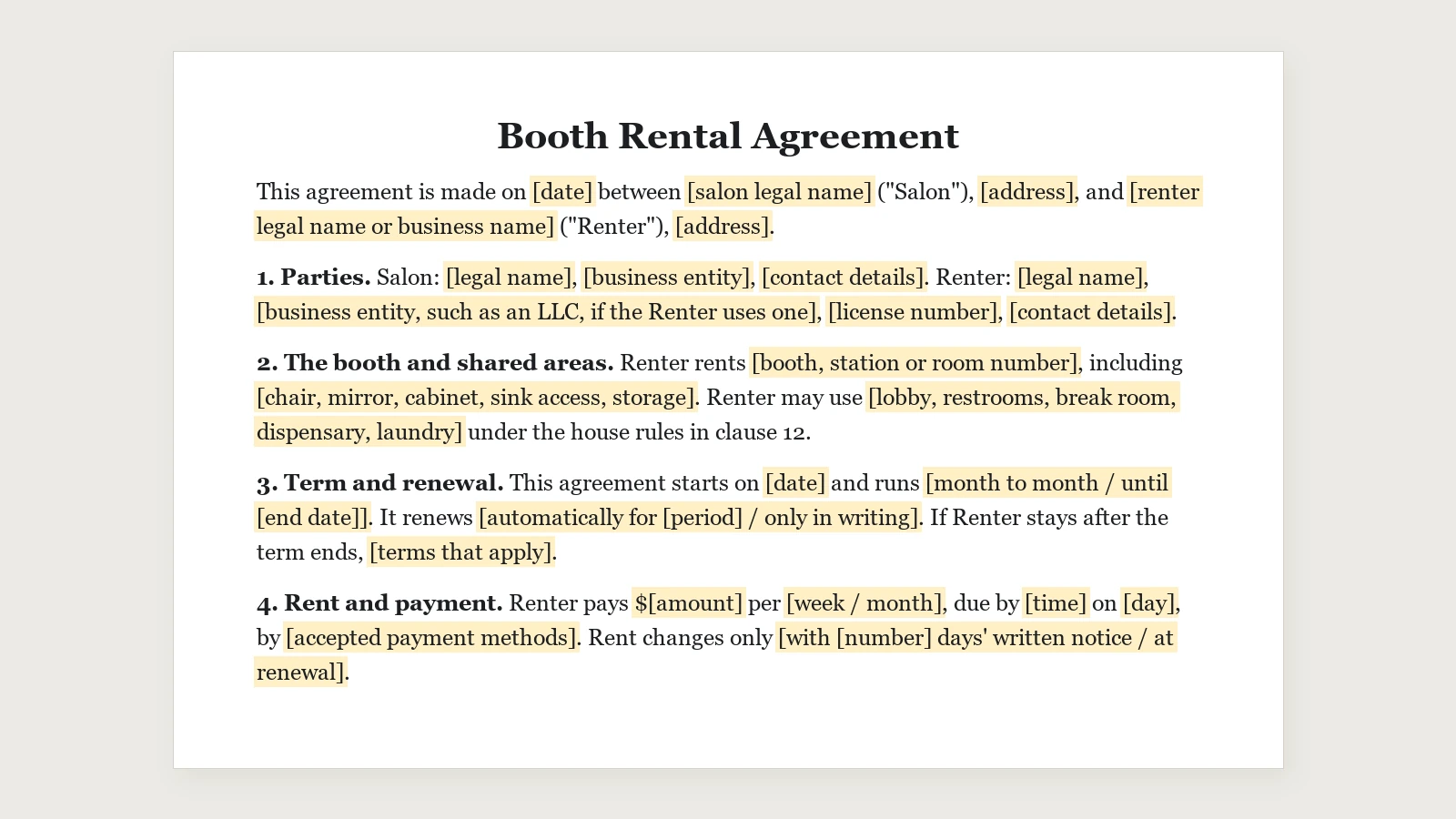 First clauses of the booth rental agreement template in this guide, with blanks for the parties, the booth, the term and the rent.