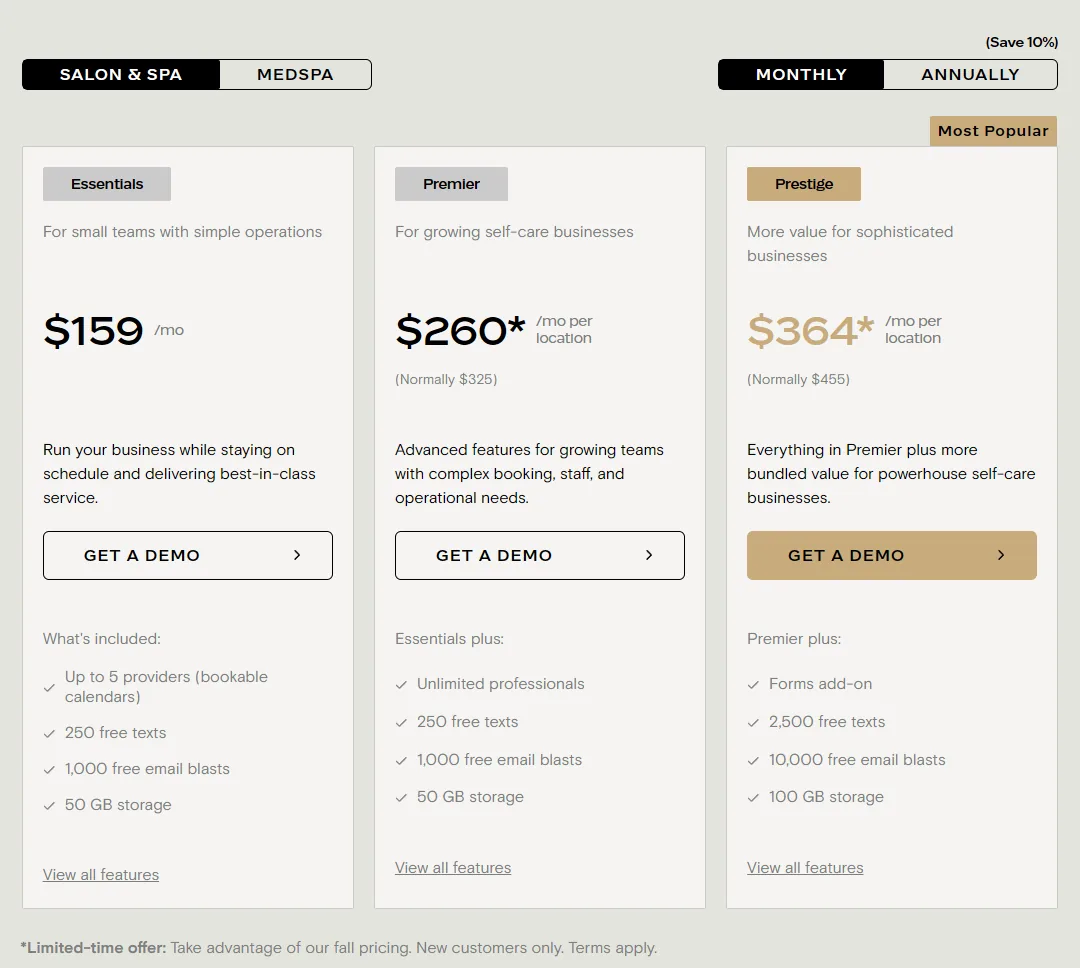 Boulevard's pricing page, Monthly view: Essentials $159 a month for up to 5 providers (bookable calendars); Premier $260 starred per location, normally $325; Prestige $364 starred, normally $455; and the fall-pricing footnote