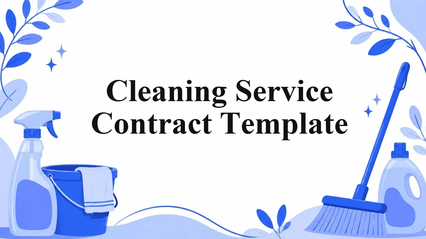 Banner with a spray bottle, bucket, broom and detergent bottle around the title Cleaning Service Contract Template.