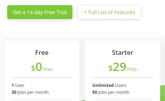 ServiceM8 US pricing page with a Get a 14-day Free Trial button, the Free plan at $0 a month for 1 user and 30 jobs a month, and Starter at $29 a month for unlimited users and 50 jobs a month