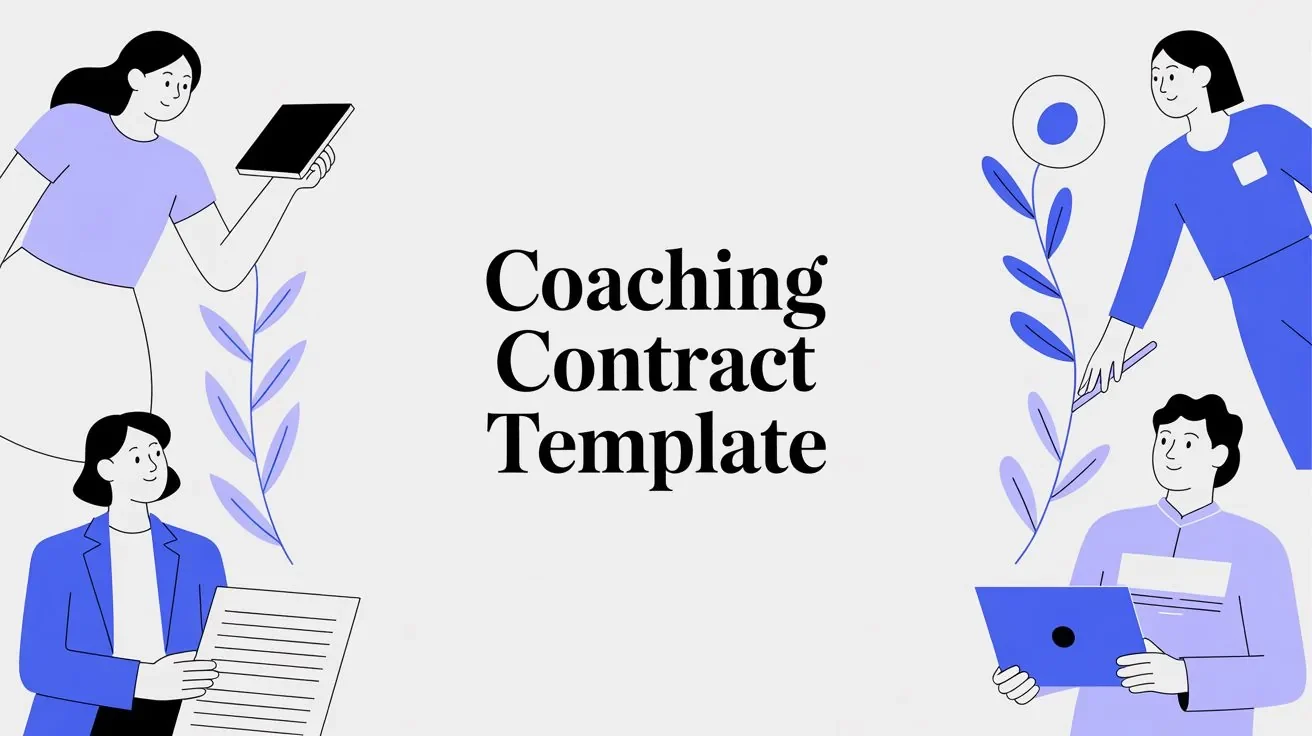 Illustrated banner of four people with a tablet, a paper contract and a laptop around the title Coaching Contract Template.
