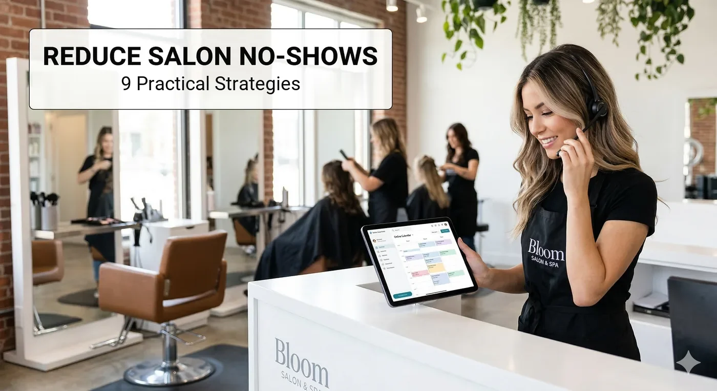 Salon receptionist on a headset holds a tablet showing a booking calendar at the front desk, under the title Reduce Salon No-Shows: 9 Practical Strategies.