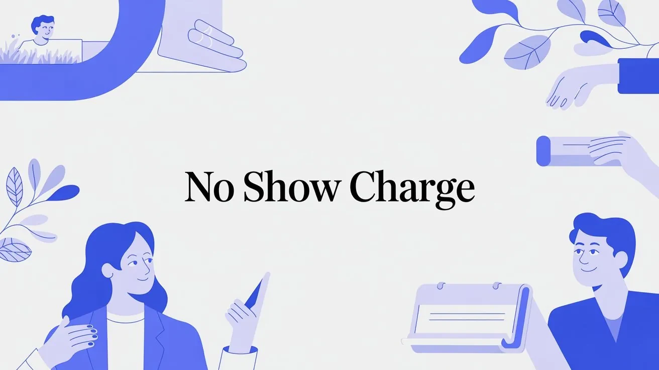 Illustrated title card with the words No Show Charge, framed by a woman holding a pen, a man beside a desk calendar, reaching hands and leaves.