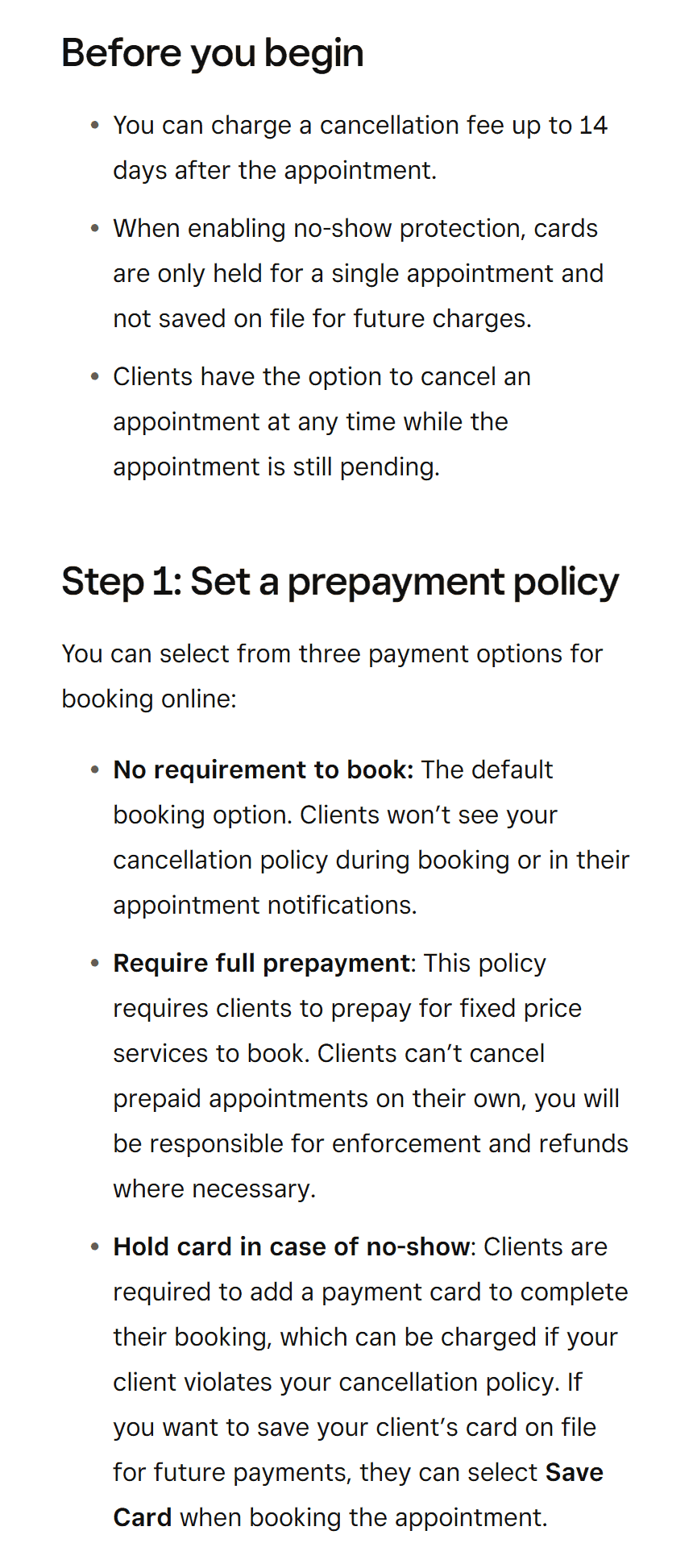 Square help article excerpt: cancellation fees up to 14 days after the appointment, no-show cards held for one appointment, and three online booking options: No requirement to book, Require full prepayment, Hold card in case of no-show.