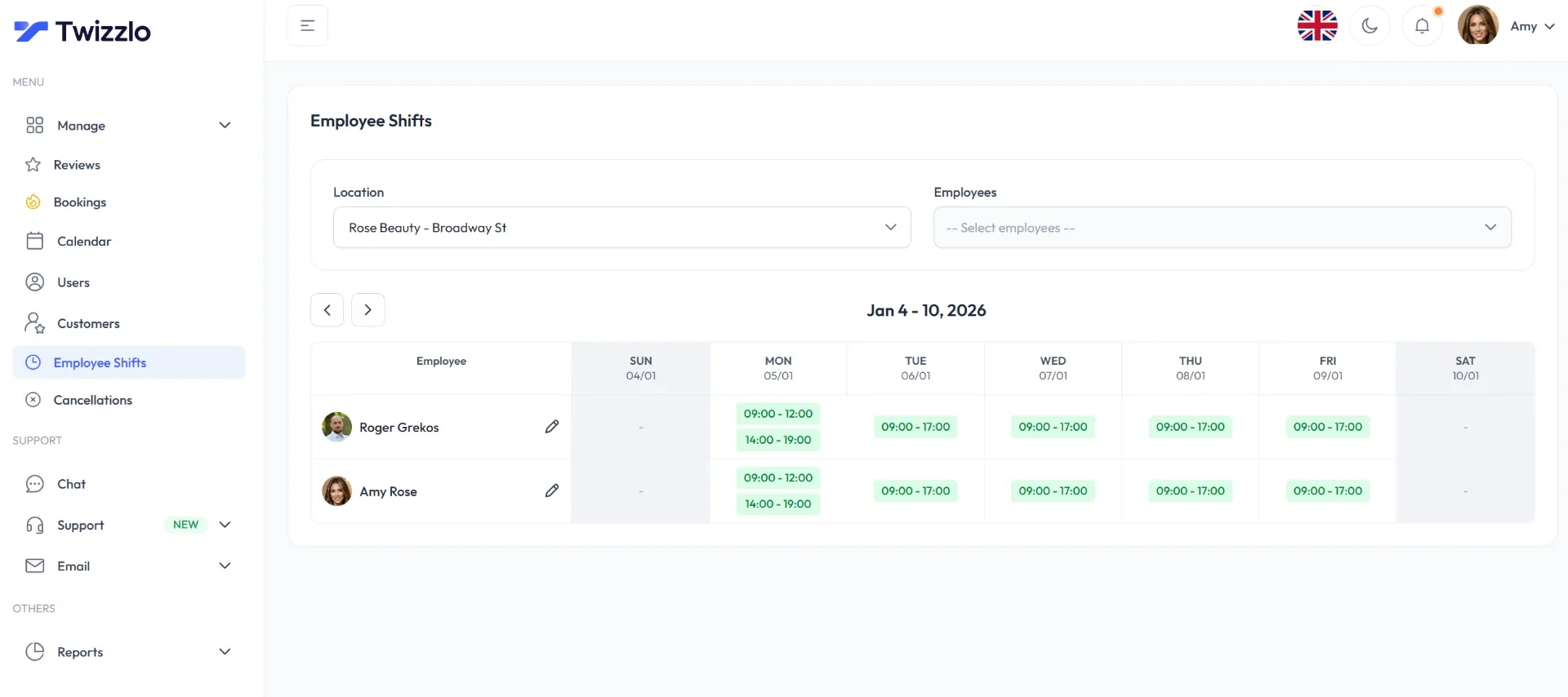 Twizzlo staff management dashboard showing multi-location employee shift scheduling across a weekly calendar