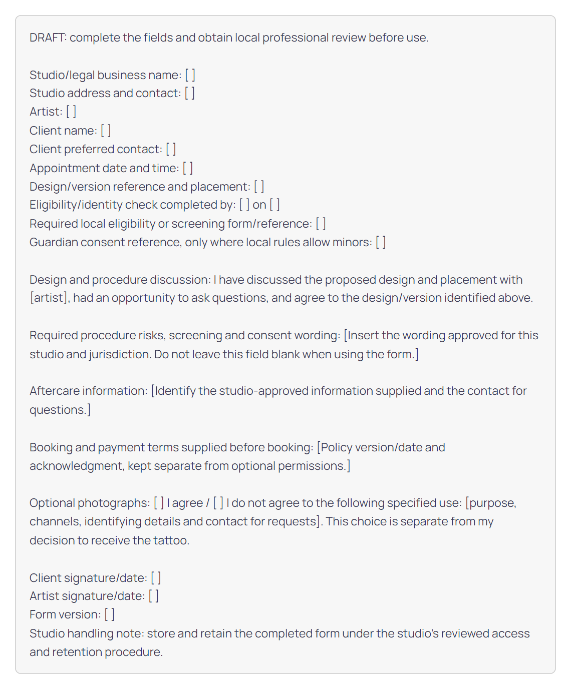 Tattoo consent form template as it appears on this page, with bracketed fields for studio, artist, client, appointment, design and placement, consent wording, signatures and form version.