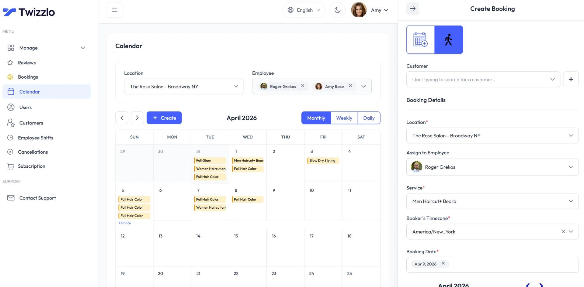 Twizzlo calendar in monthly view with location and employee filters and the Create Booking panel open, with sample data