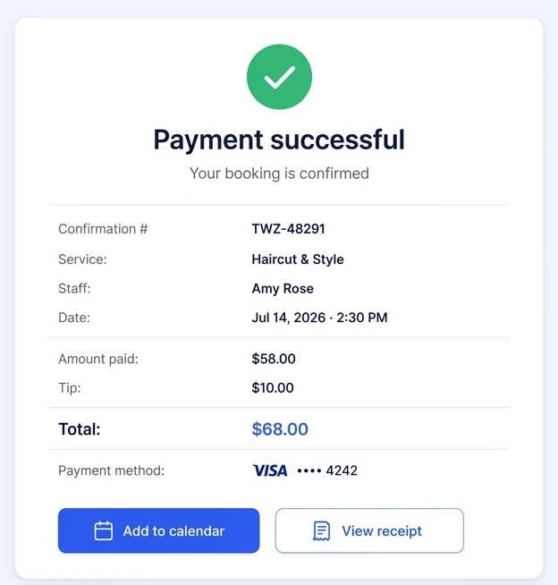 Twizzlo payment confirmation screen showing a confirmed booking with its confirmation number, service, staff member, date, amount paid, tip, total and a View receipt button.